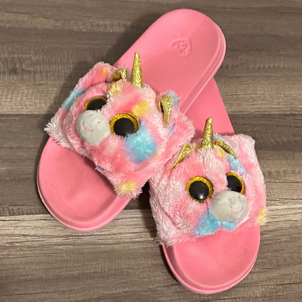 Ty Girls Shoes 4-6 Unicorn Plush Slides Pink Gold Costume Slip On Slippers Flats